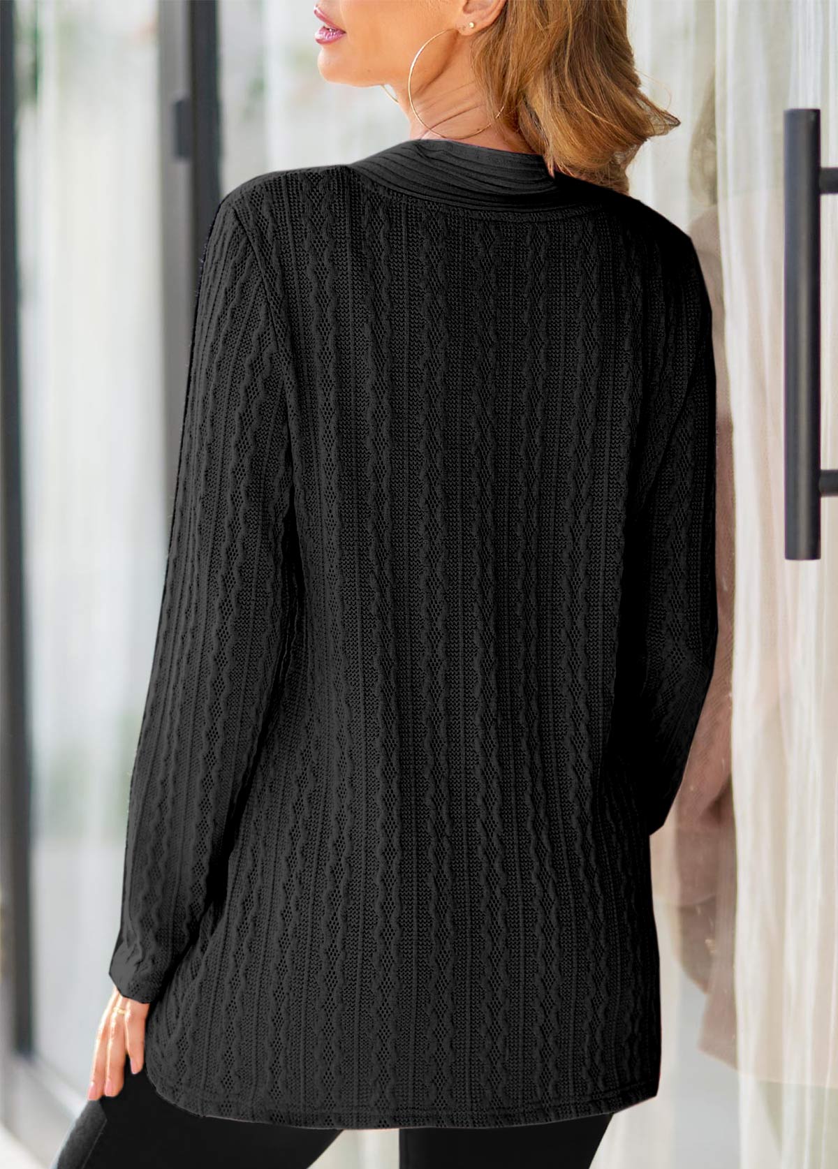 Black tops,Plaid tops,Striped tops,ROTITA Surplice Plaid Black V Neck Long Sleeve Sweatshirt
