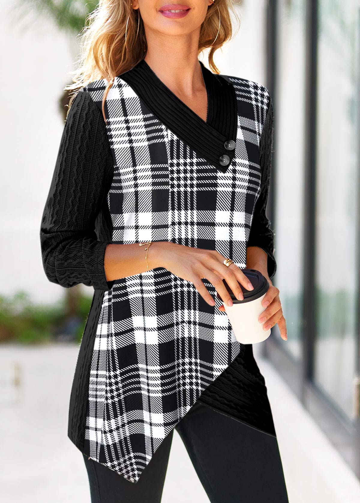 Black tops,Plaid tops,Striped tops,ROTITA Surplice Plaid Black V Neck Long Sleeve Sweatshirt