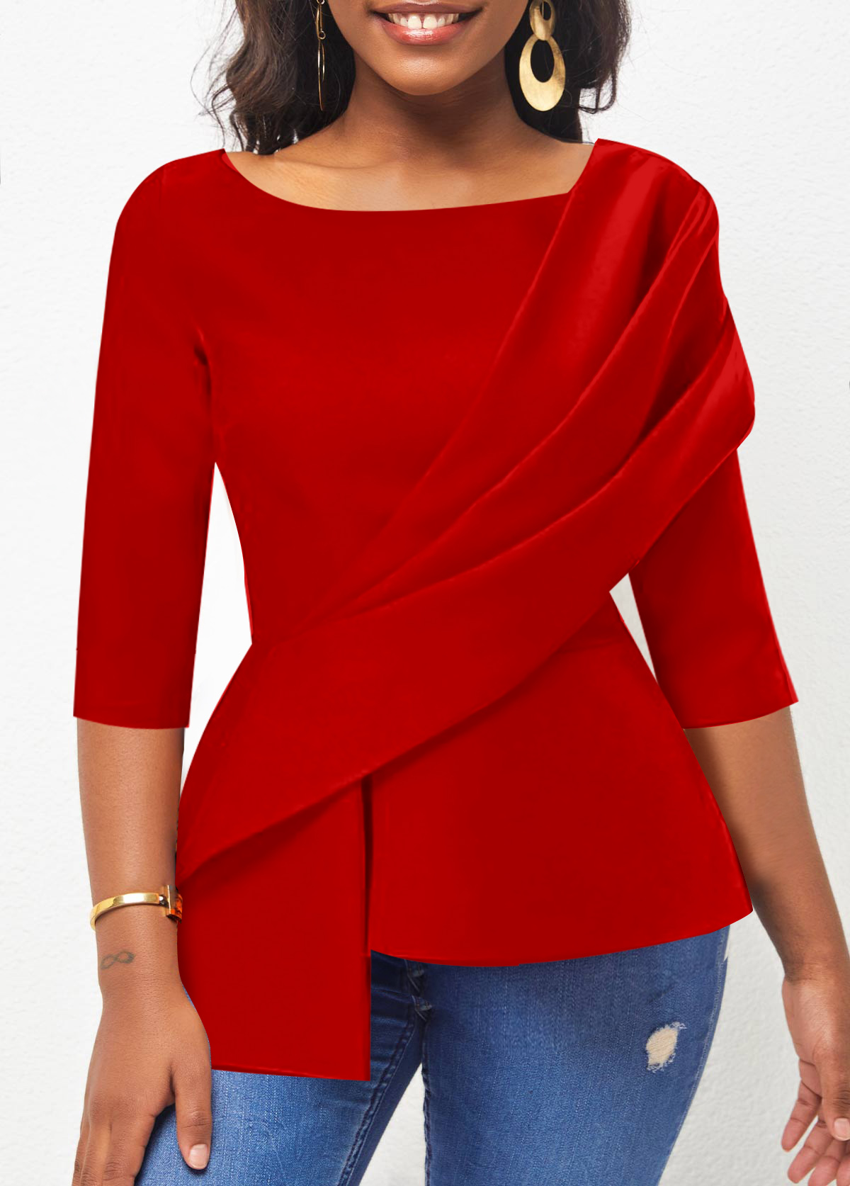 ROTITA Asymmetry Red Boat Neck 3/4 Sleeve Blouse