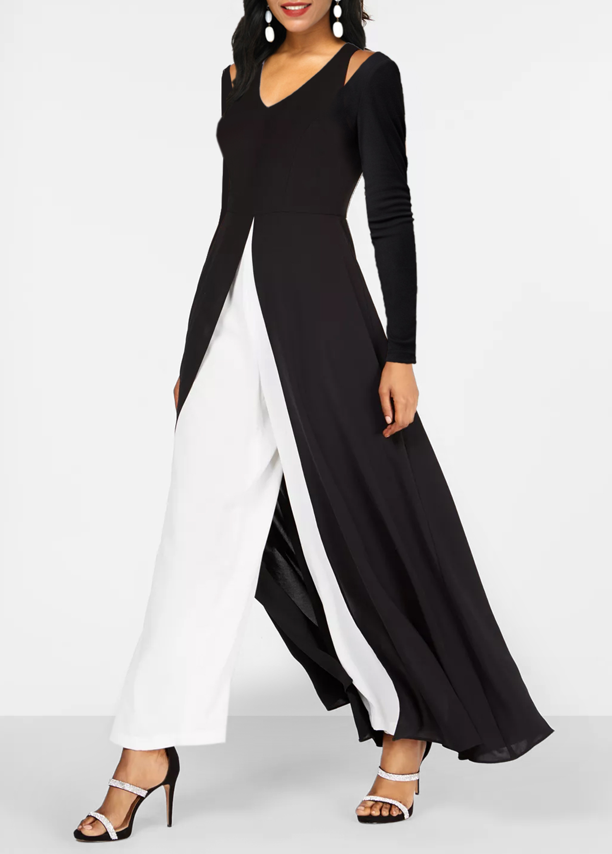 Black jumpsuits & rompers,Contrast Color jumpsuits & rompers,ROTITA Black Long Sleeve Contrast V Neck Jumpsuit