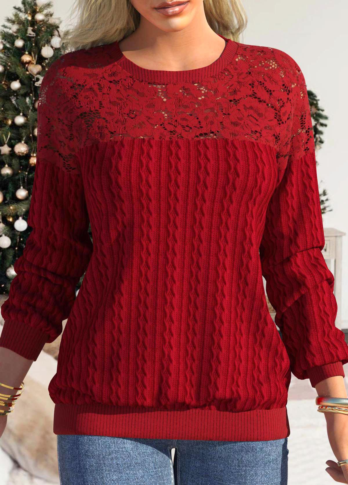 Red tops,Plain Color tops,ROTITA Lace Red Round Neck Long Sleeve Sweatshirt