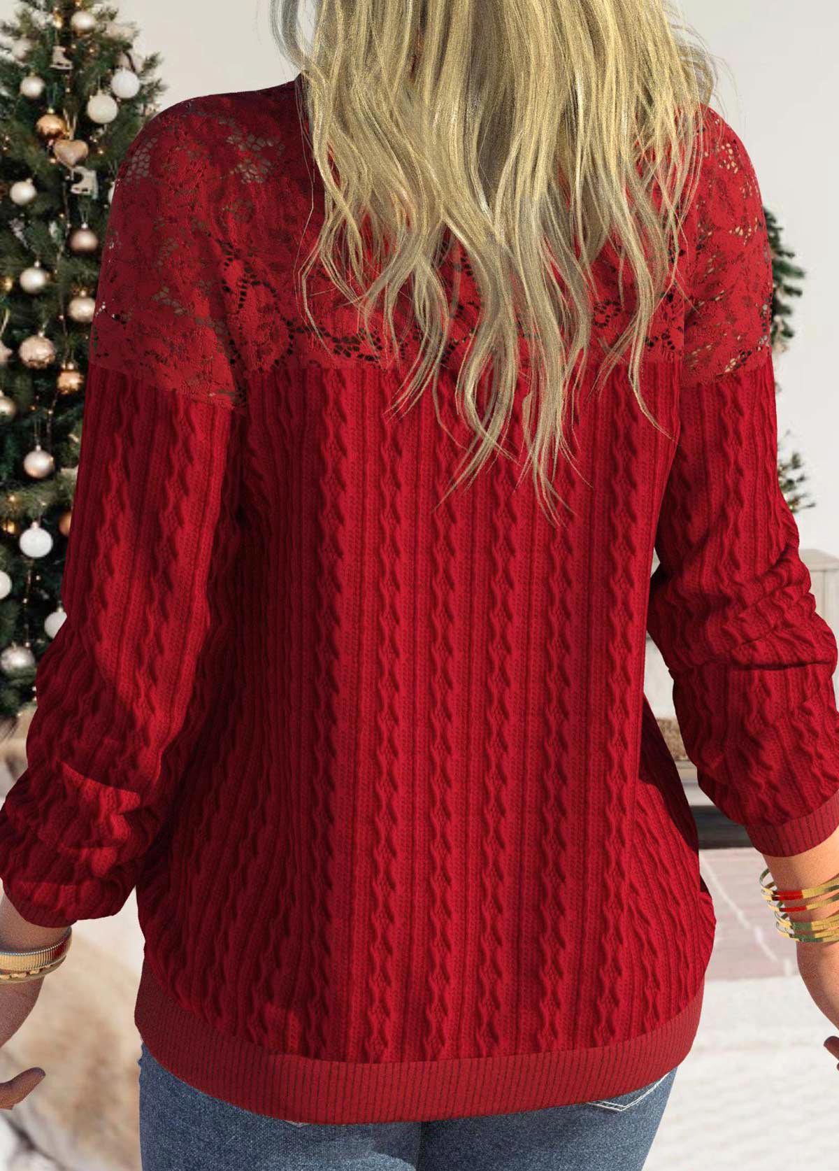 Red tops,Plain Color tops,ROTITA Lace Red Round Neck Long Sleeve Sweatshirt
