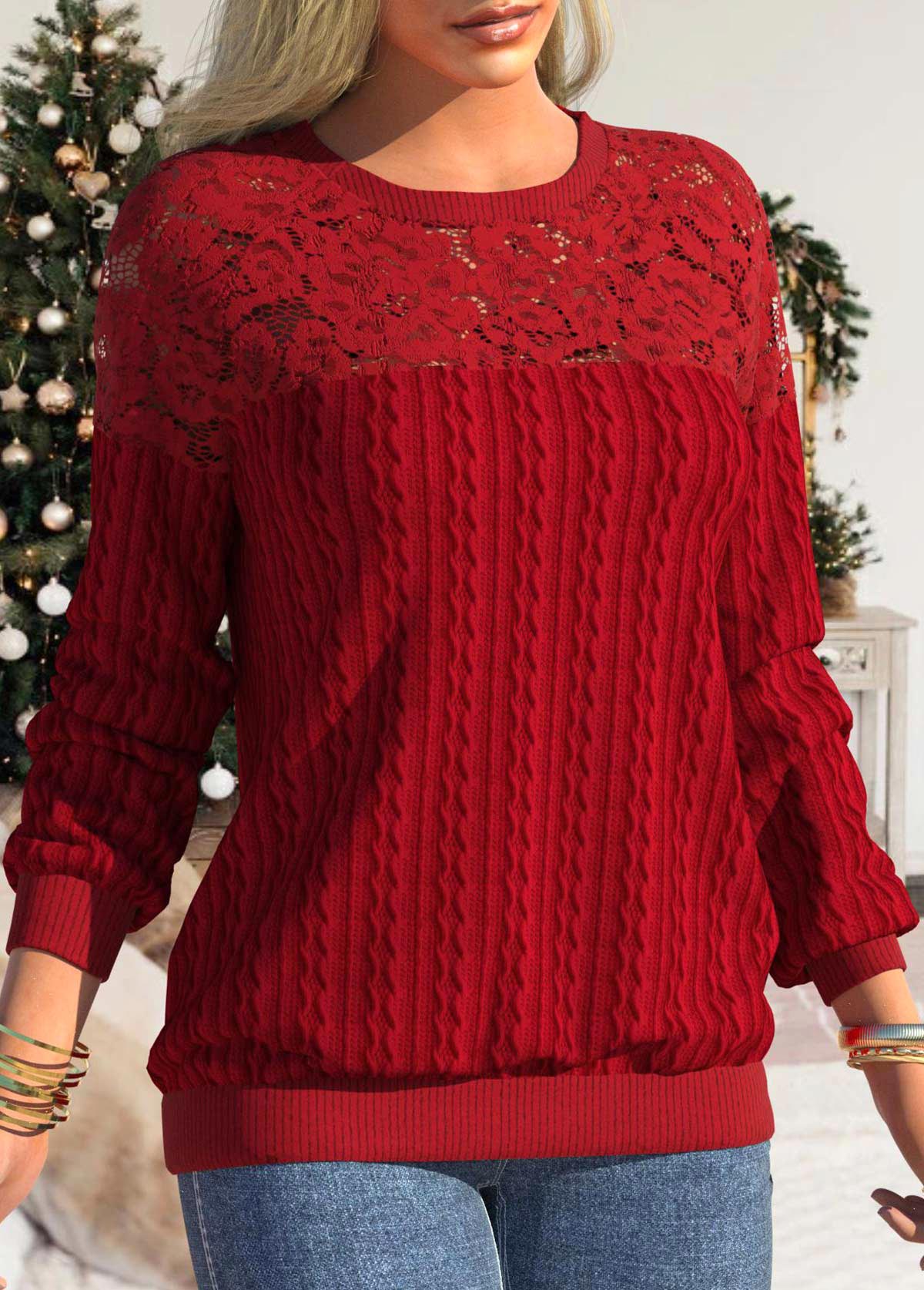 Red tops,Plain Color tops,ROTITA Lace Red Round Neck Long Sleeve Sweatshirt