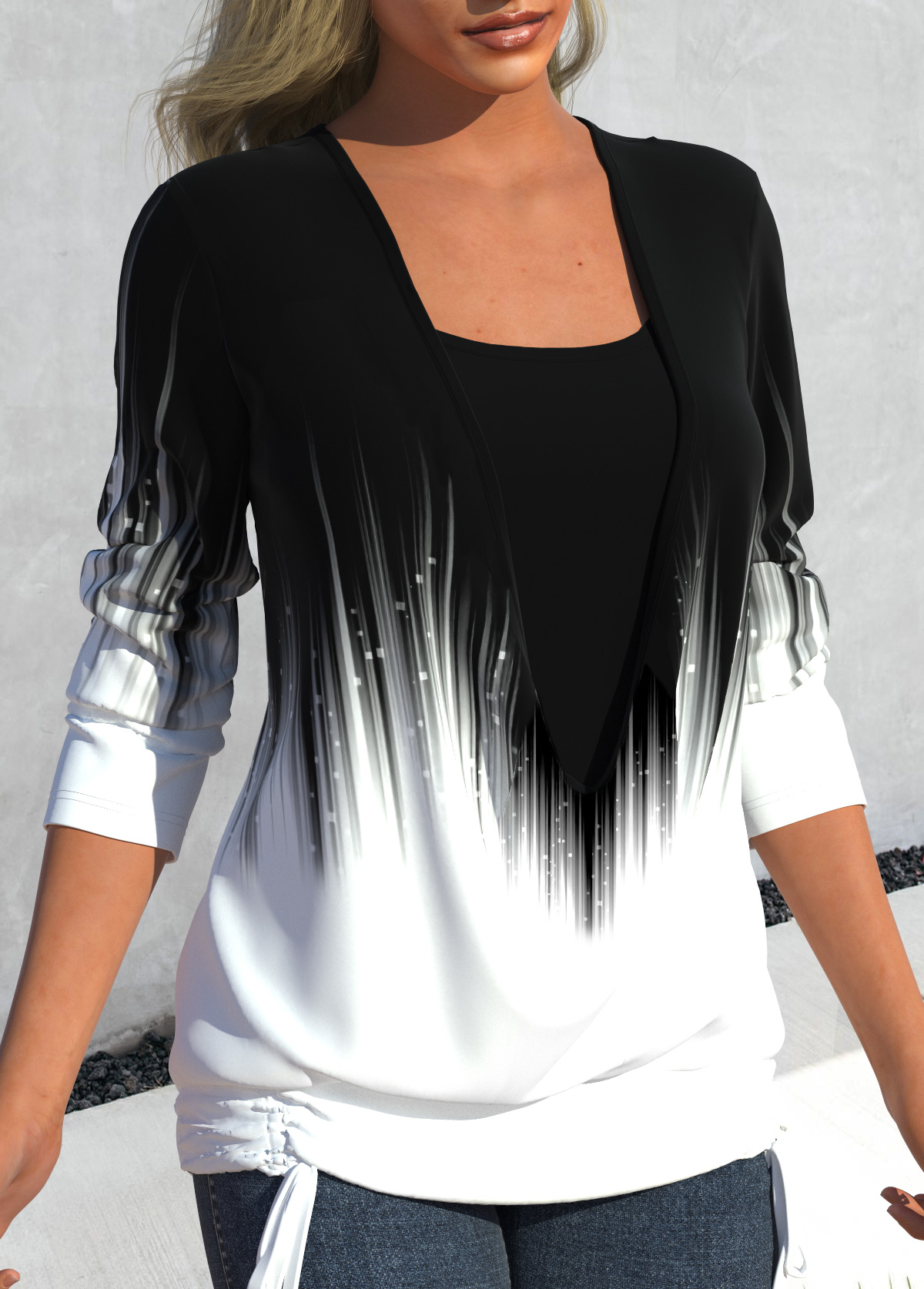 Black tops,Ombre tops,ROTITA Fake 2in1 Ombre Black Square Neck Sweatshirt
