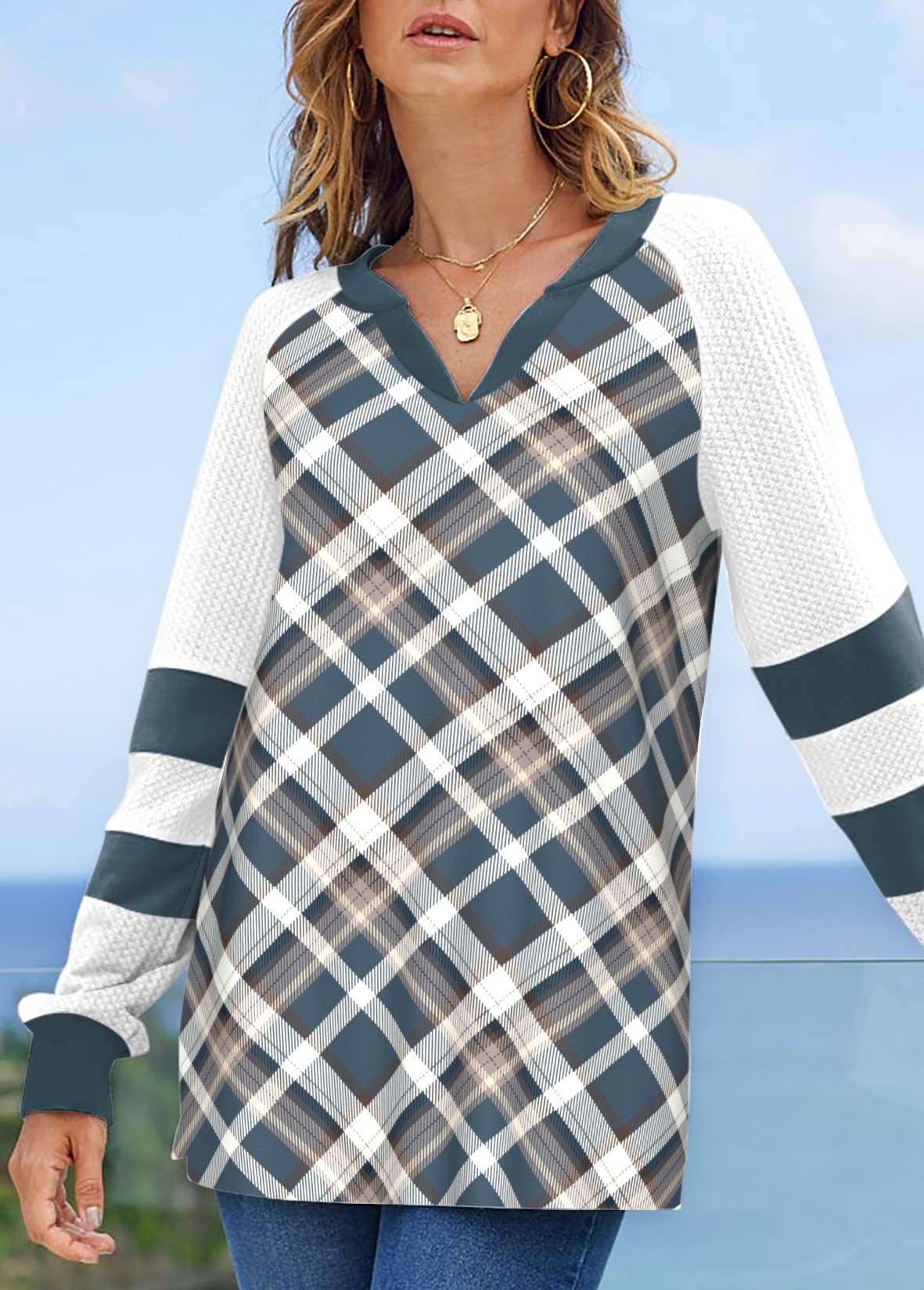 Multi Color tops,Plaid tops,Striped tops,ROTITA Patchwork Plaid Multi Color Split Neck Sweatshirt