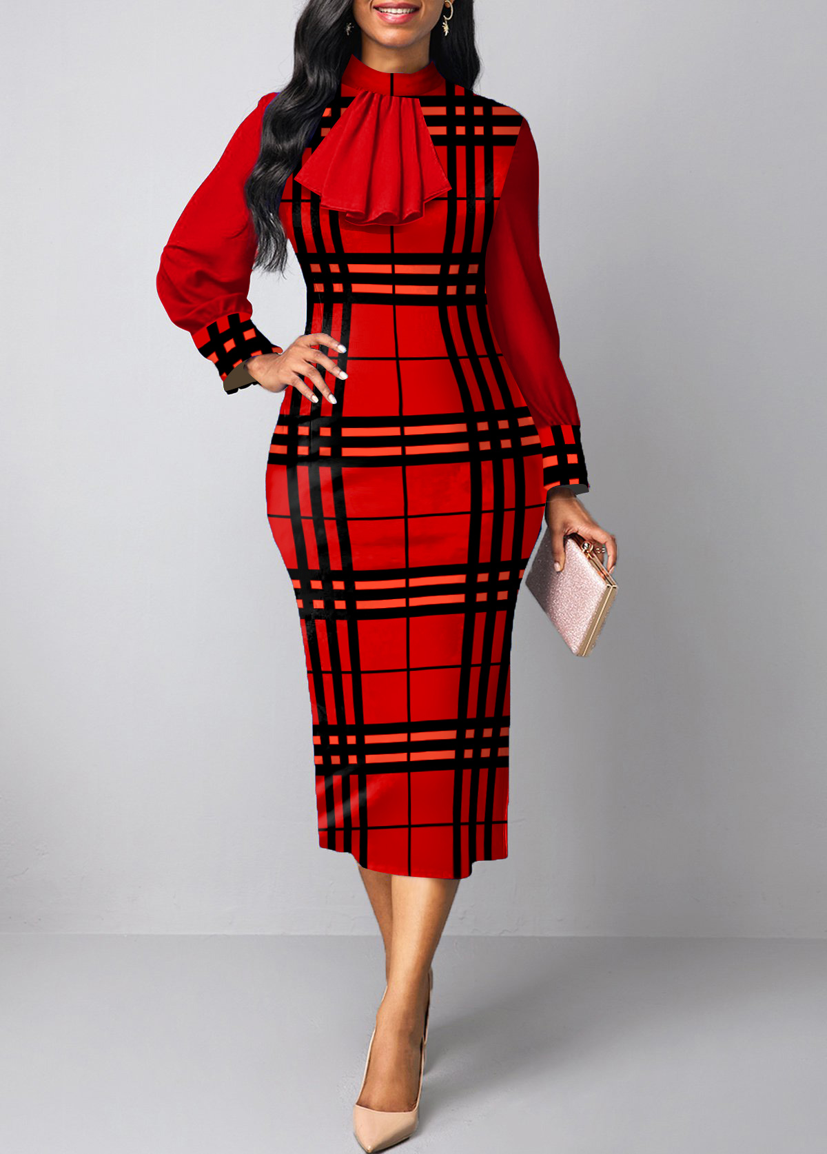 ROTITA Patchwork Plaid Red Two Piece Suit Dress