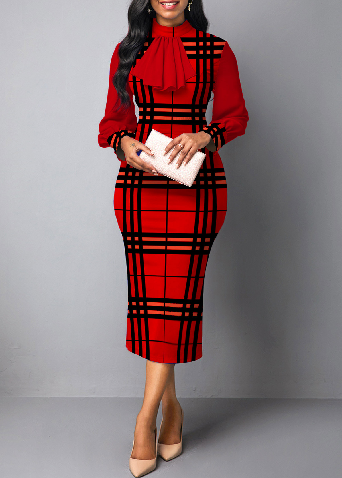 Red dresses,Plaid dresses,ROTITA Patchwork Plaid Red Two Piece Suit Dress