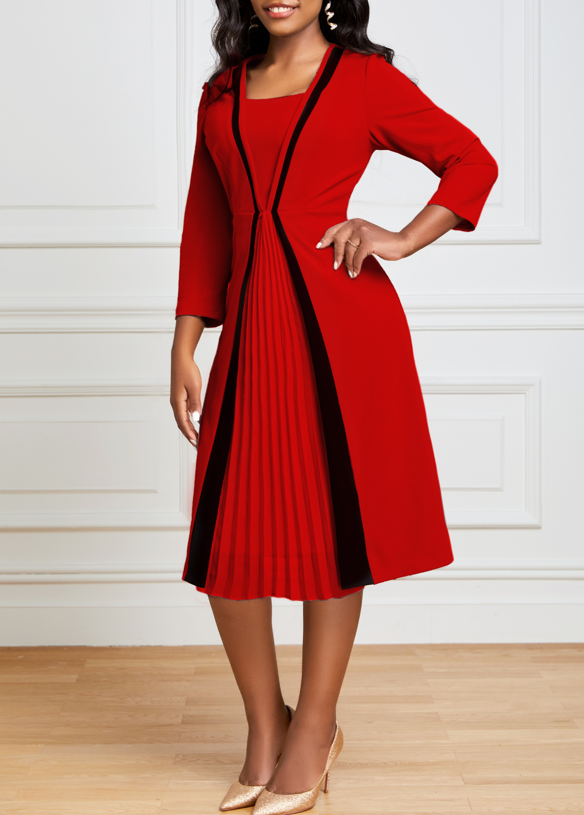 Red dresses,Contrast Color dresses,ROTITA Red Square Neck Pleated Hem Dress