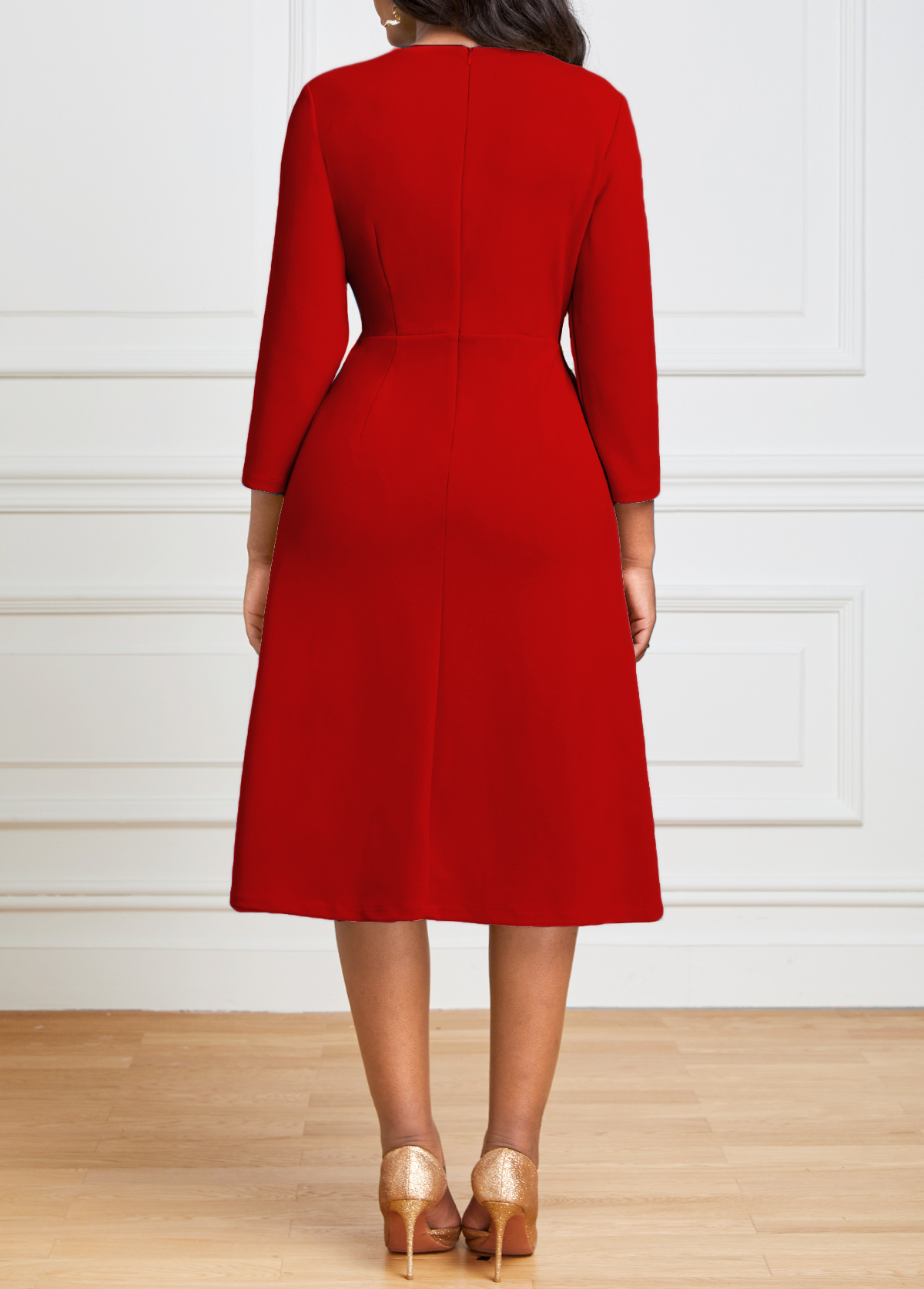 Red dresses,Contrast Color dresses,ROTITA Red Square Neck Pleated Hem Dress