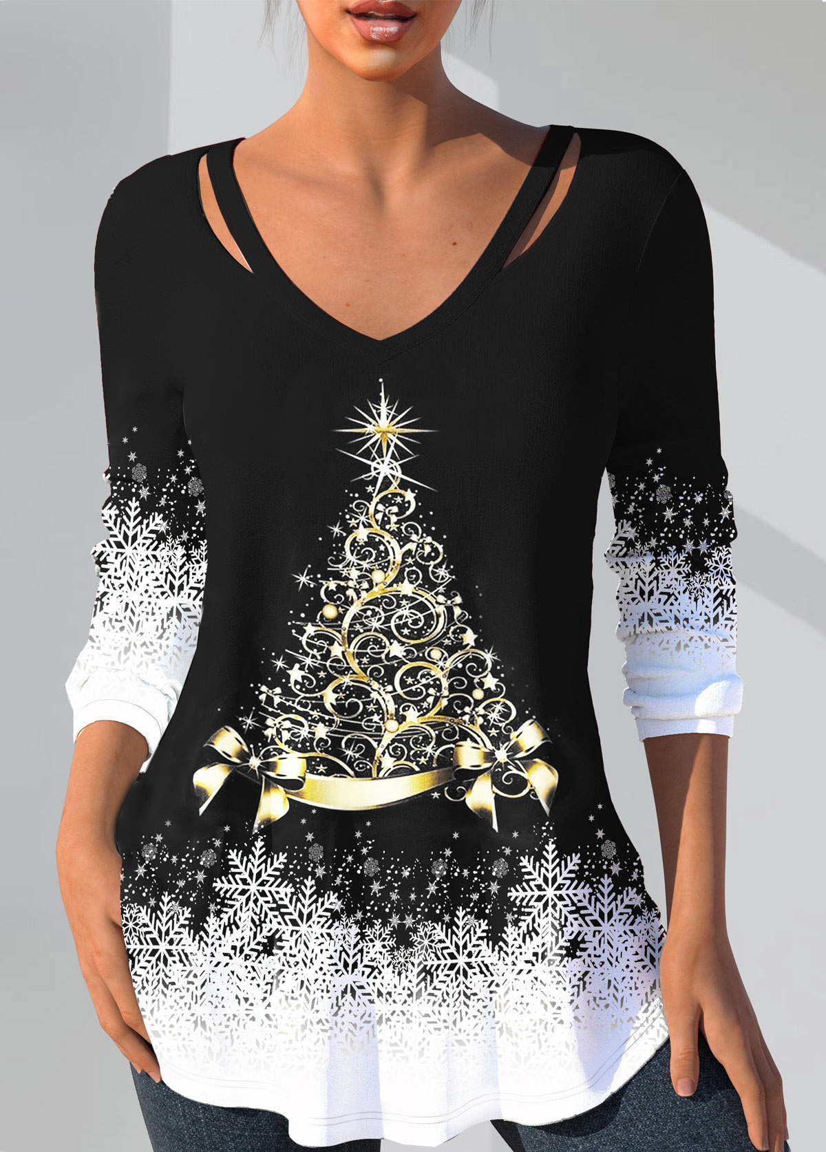 Black tops,Christmas tops,ROTITA Cut Out Christmas Tree Print Black T Shirt