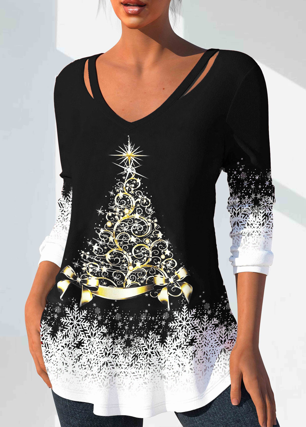 Black tops,Christmas tops,ROTITA Cut Out Christmas Tree Print Black T Shirt