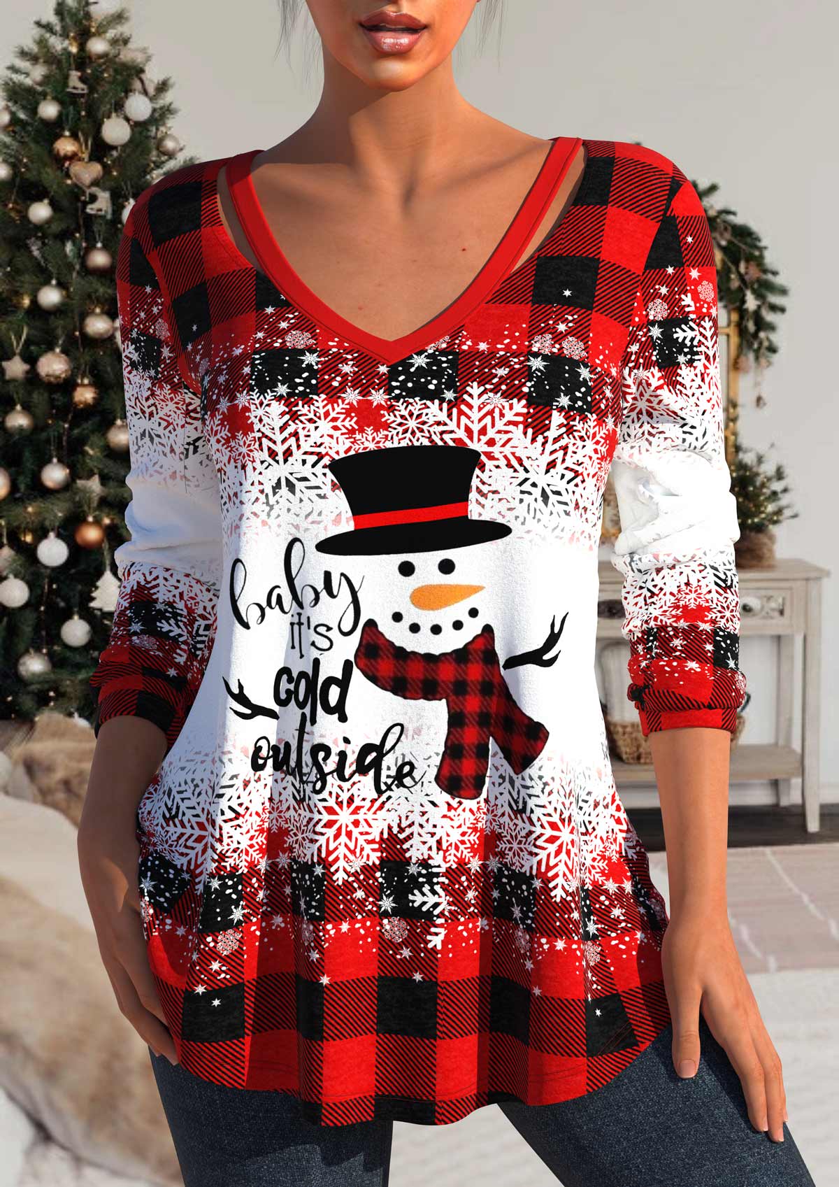 ROTITA Christmas Cut Out Snowman Print Red T Shirt