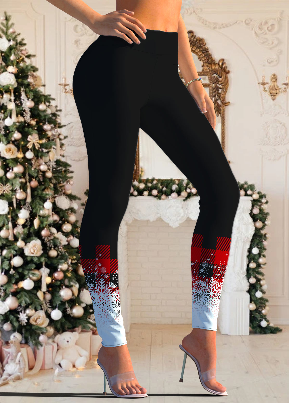ROTITA Legging de Noël rouge taille mi-haute à imprimé flocon de neige