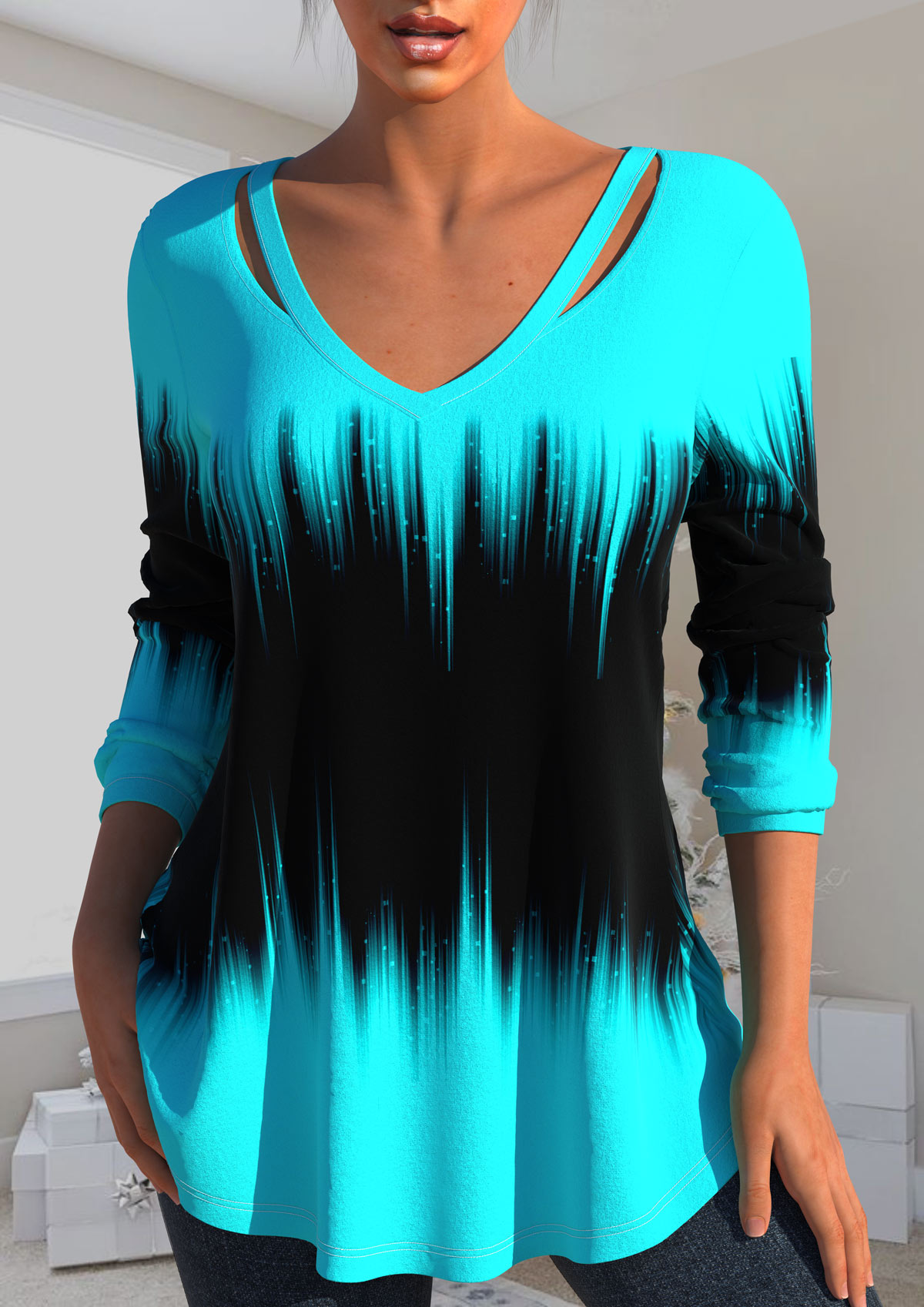 ROTITA Cut Out Ombre Cyan V Neck T Shirt