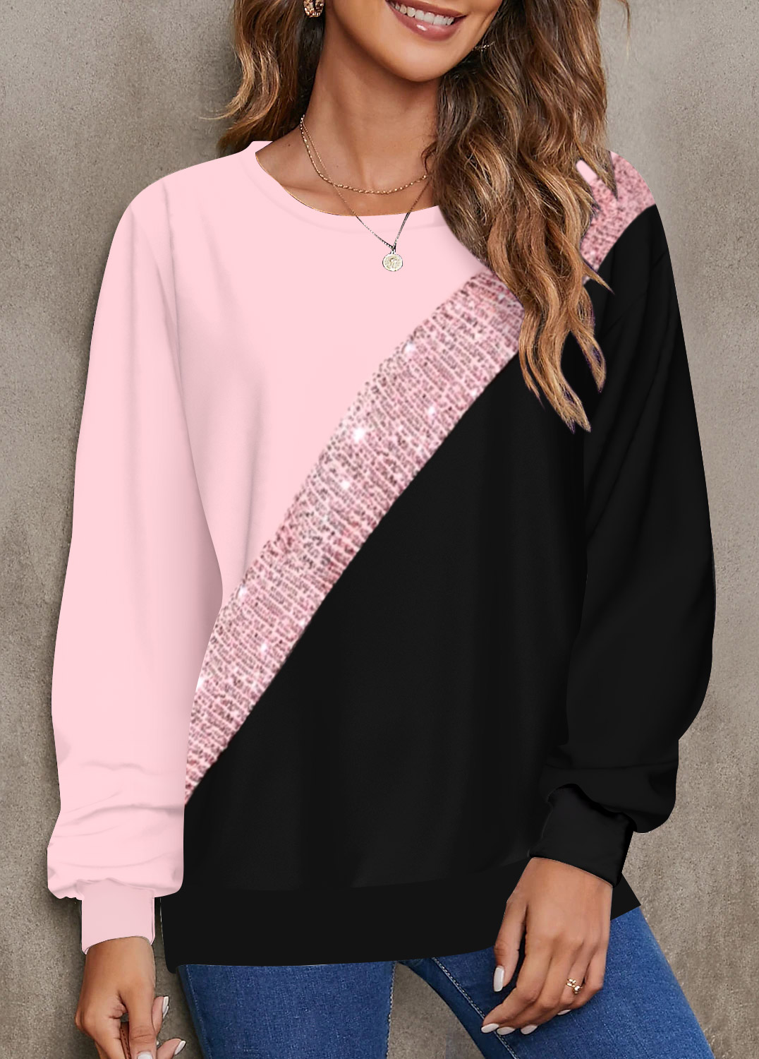 ROTITA Patchwork Pink Round Neck Long Sleeve Sweatshirt