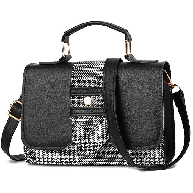 Houndstooth Print Black Magnetic Shoulder Bag
