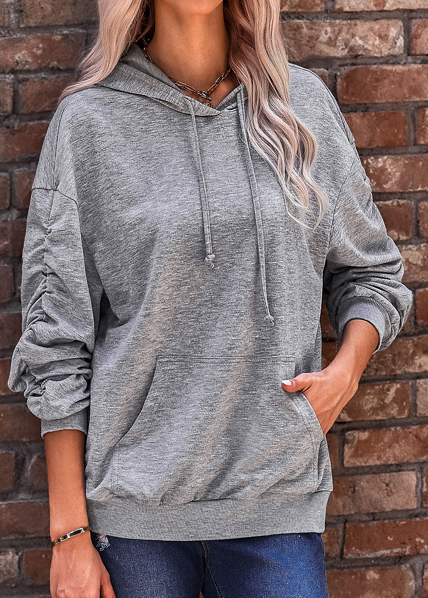 Dark Grey tops,Plain Color tops,Pocket Dark Grey Long Sleeve Hoodie