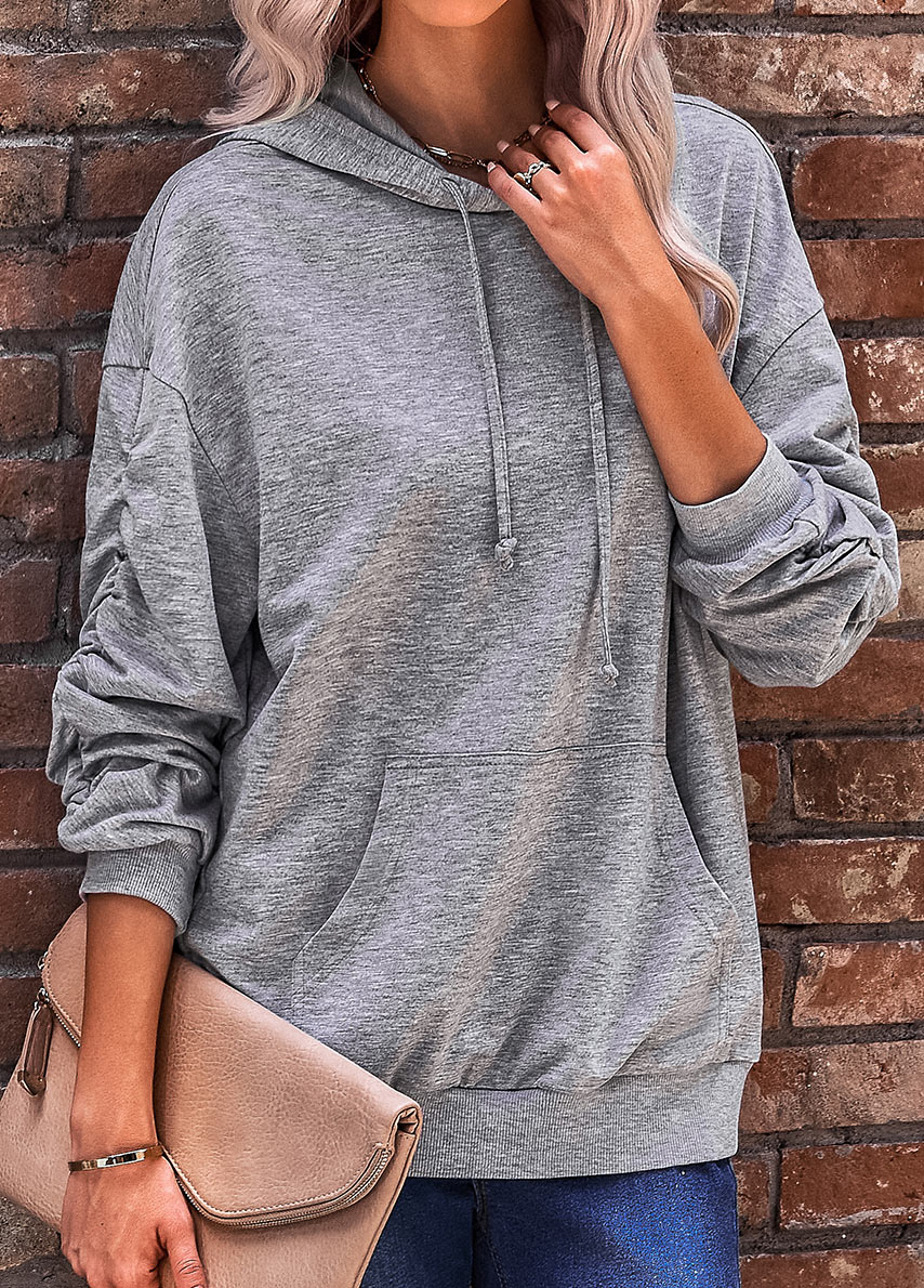 Dark Grey tops,Plain Color tops,Pocket Dark Grey Long Sleeve Hoodie