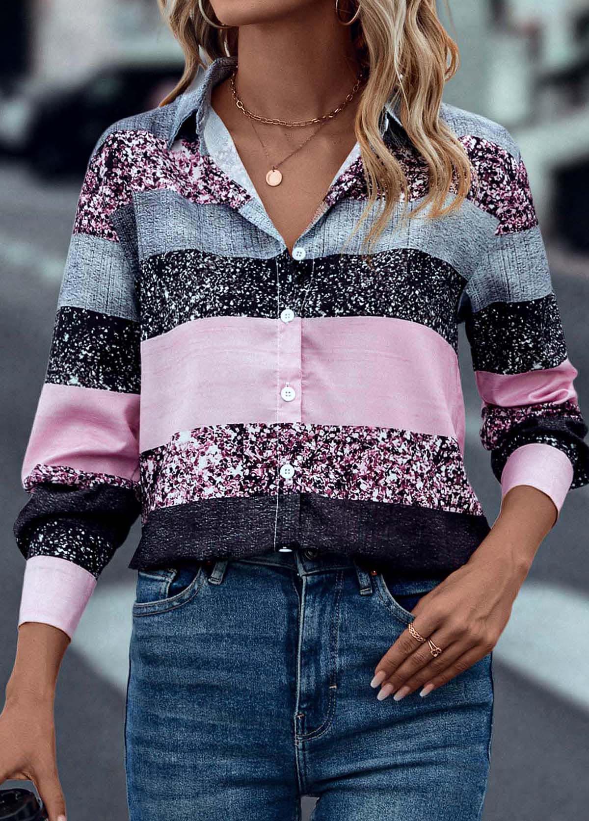 Pink tops,Contrast Color tops,Button Pink Shirt Collar Long Sleeve Blouse