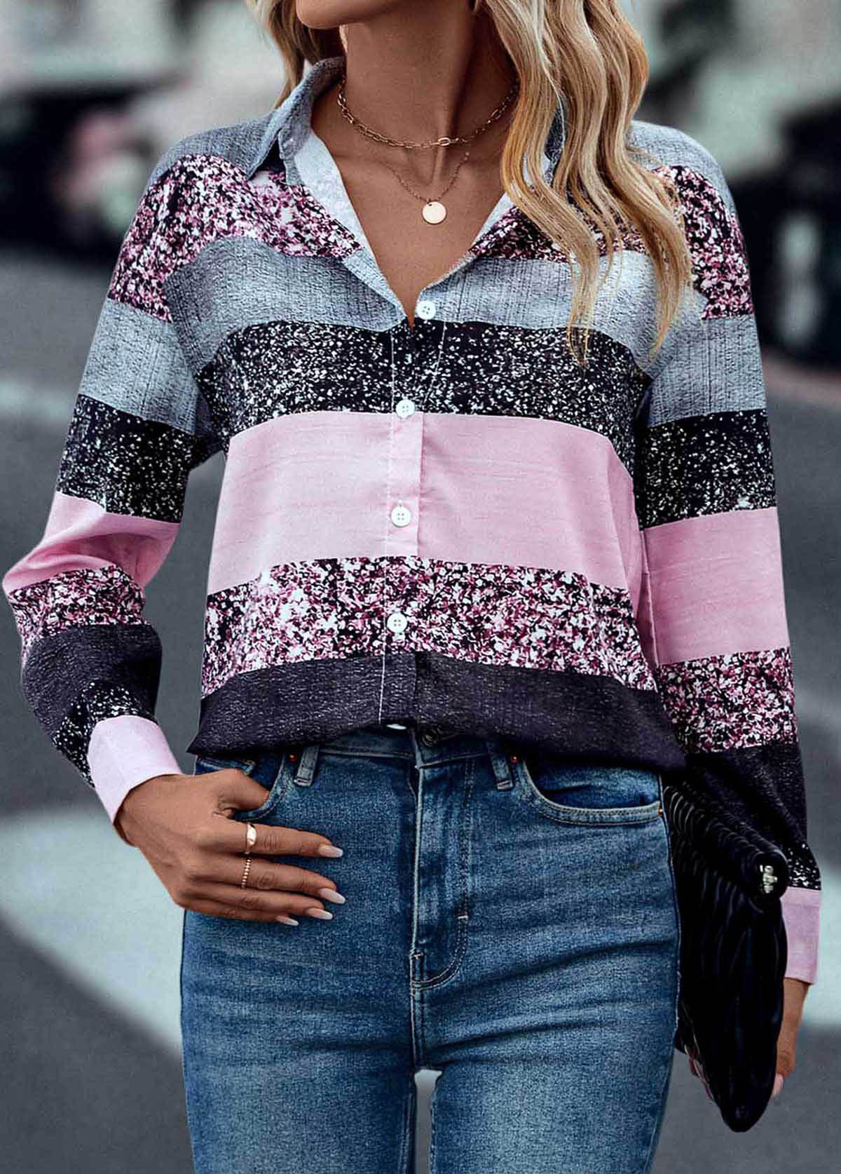 Pink tops,Contrast Color tops,Button Pink Shirt Collar Long Sleeve Blouse