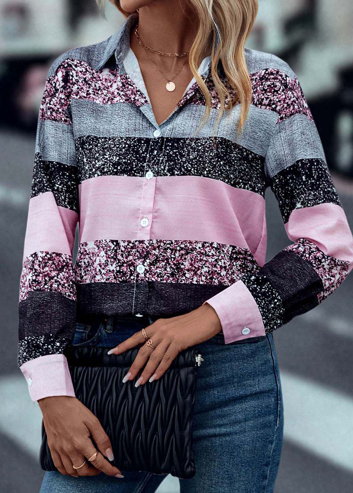 Pink tops,Contrast Color tops,Button Pink Shirt Collar Long Sleeve Blouse