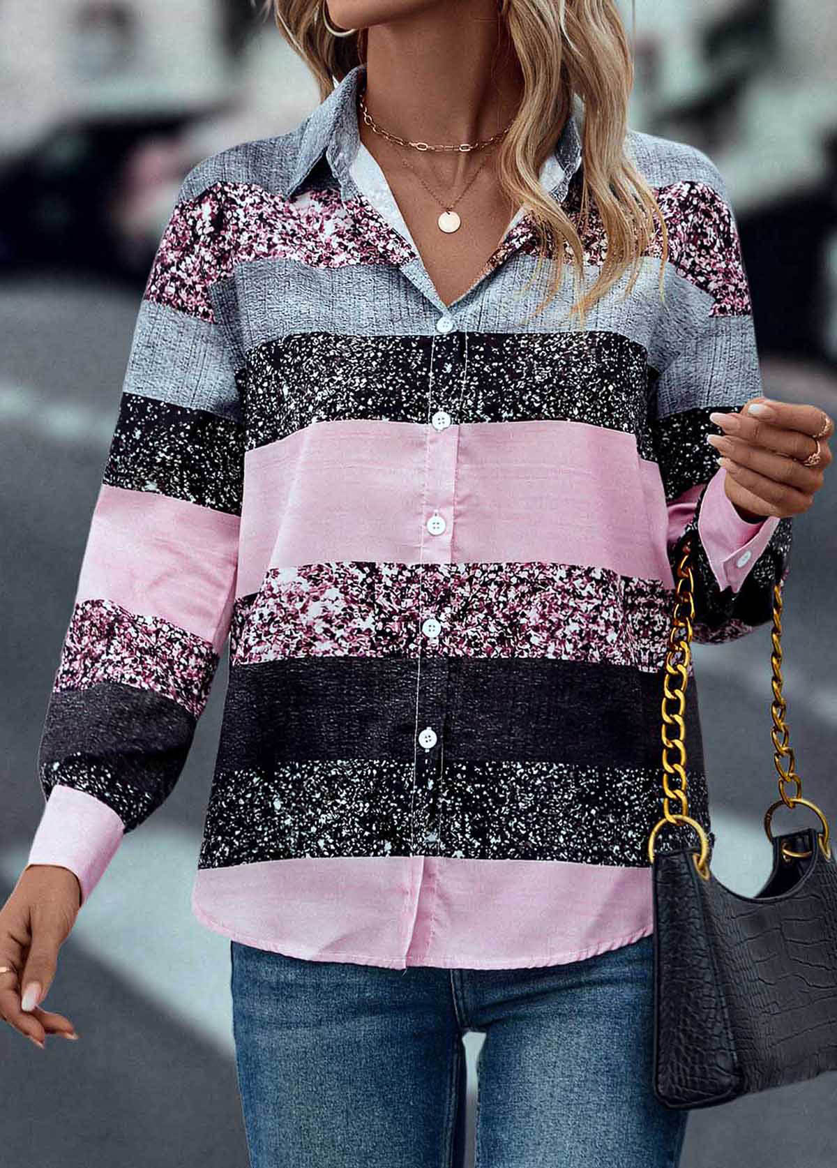 Pink tops,Contrast Color tops,Button Pink Shirt Collar Long Sleeve Blouse