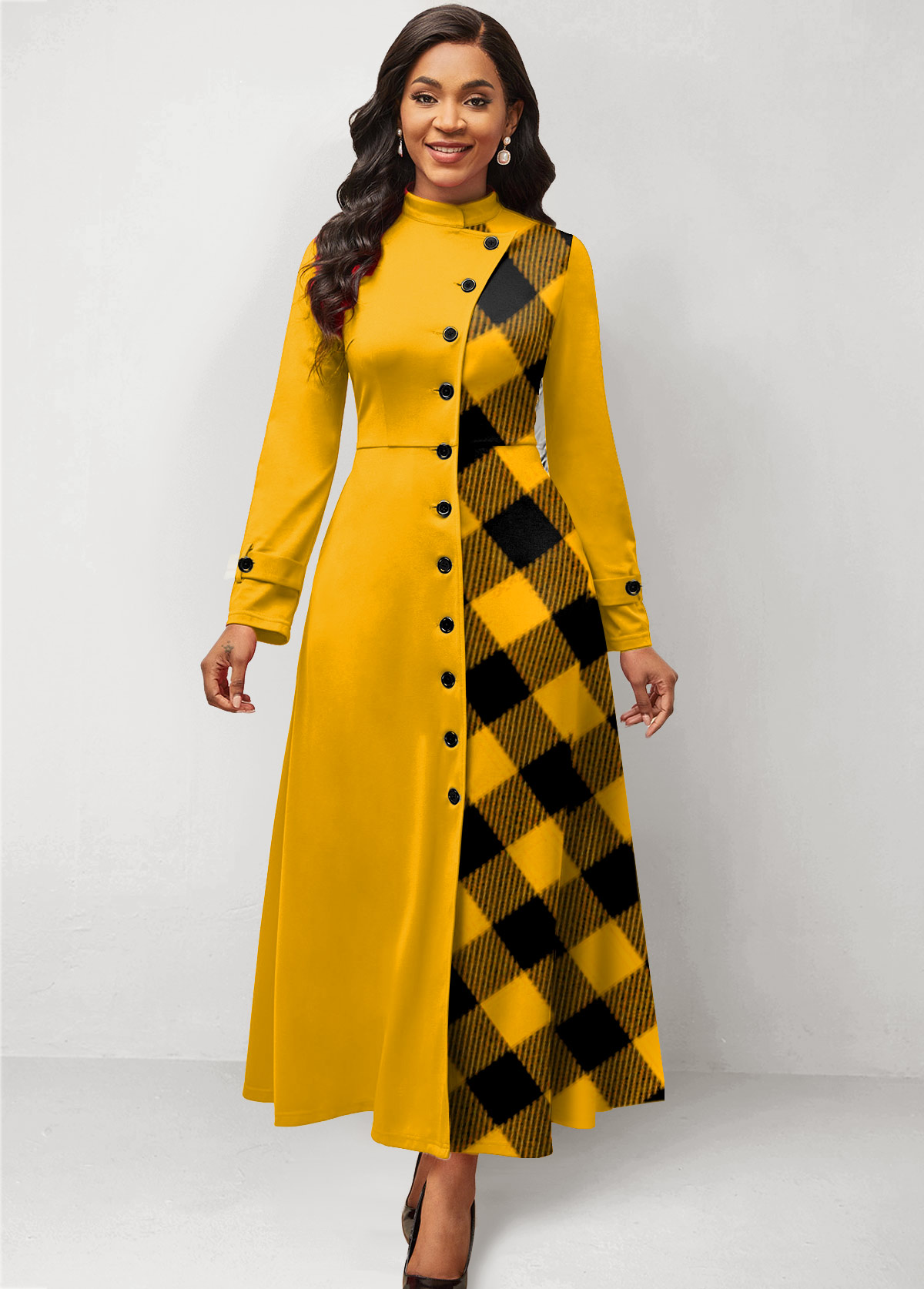 ROTITA Plaid Yellow Maxi Stand Collar Long Sleeve Dress