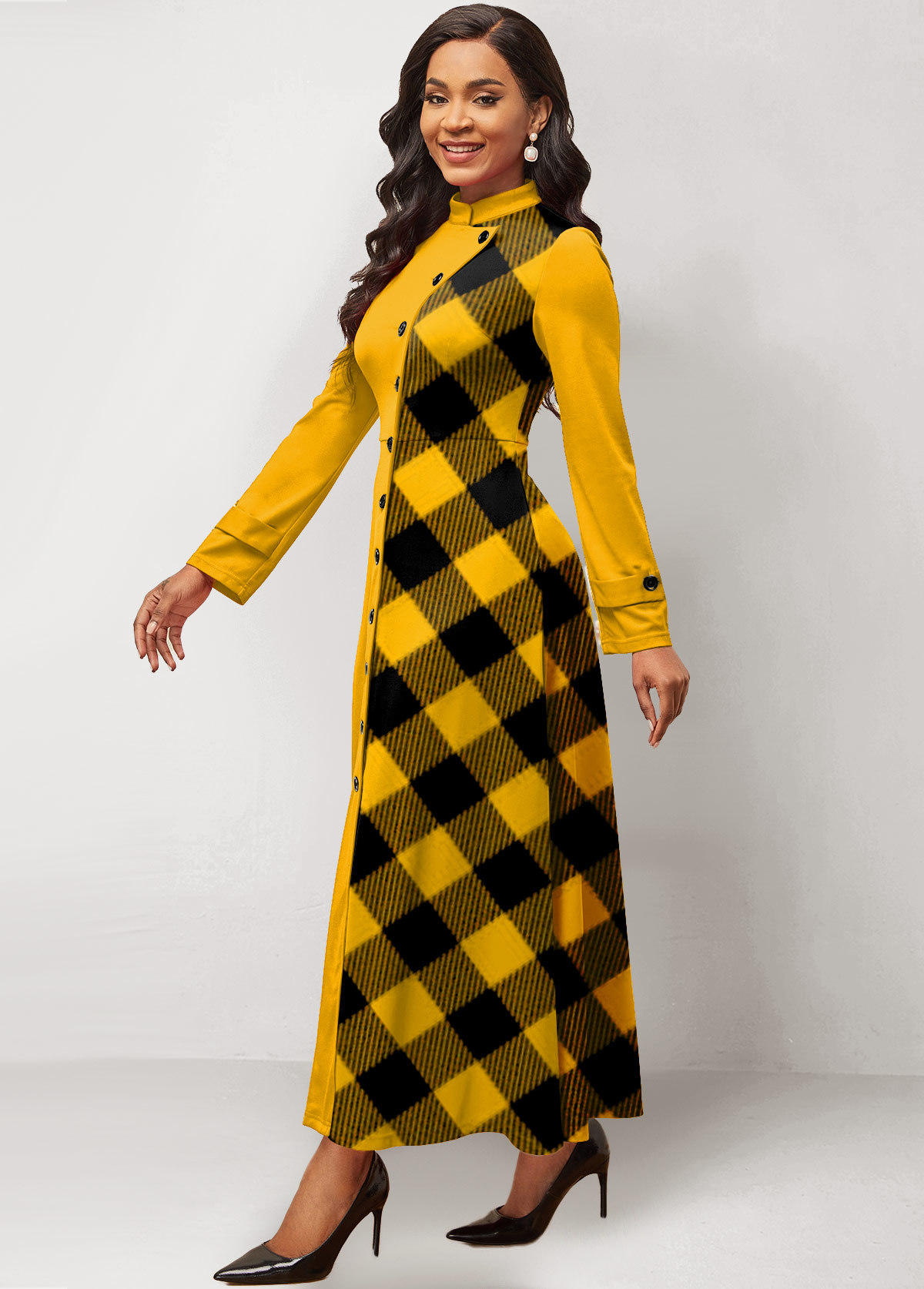 Yellow dresses,Plaid dresses,ROTITA Plaid Yellow Maxi Stand Collar Long Sleeve Dress