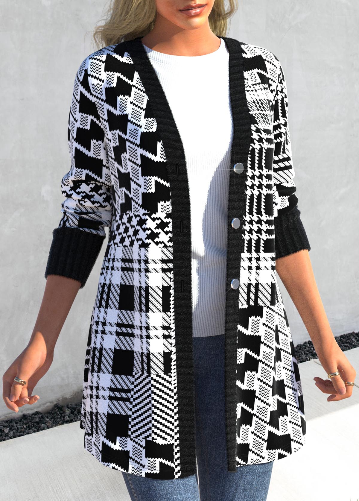 Black outerwear & coats,Geometric outerwear & coats,Houndstooth outerwear & coats,Striped outerwear & coats,Plaid outerwear & coats,ROTITA Button Geometric Print Black Long Sleeve Coat