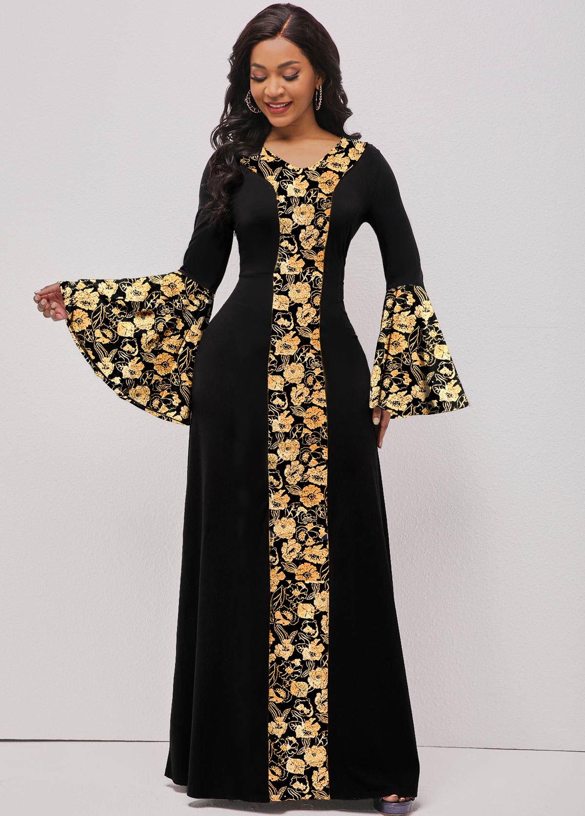 ROTITA Hot Stamping Random Floral Print Black Maxi Dress