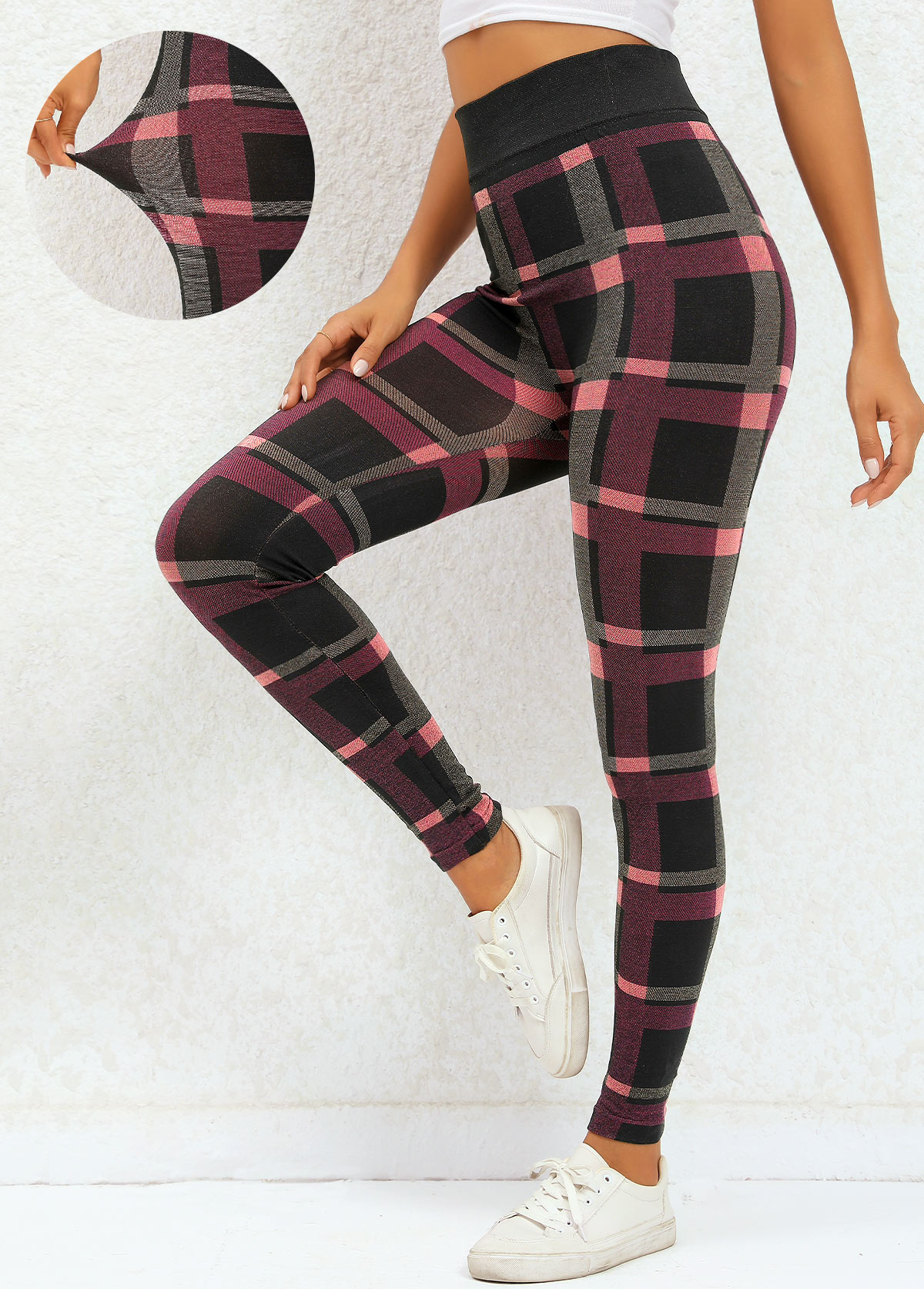 Plaid Deep Red High Waisted Elastic Waist Leggings