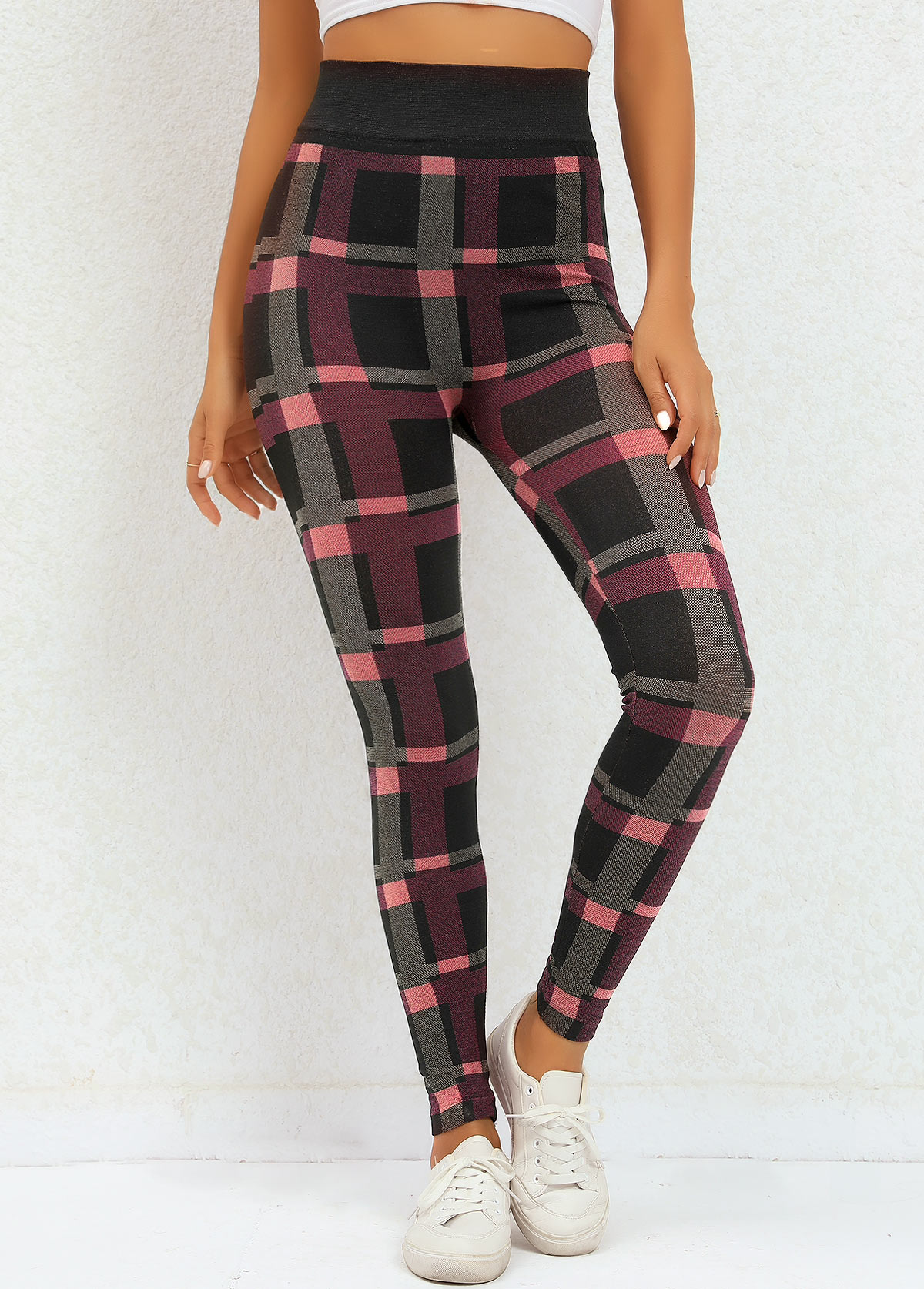 Deep Red bottoms,Plaid bottoms,Plaid Deep Red High Waisted Elastic Waist Leggings