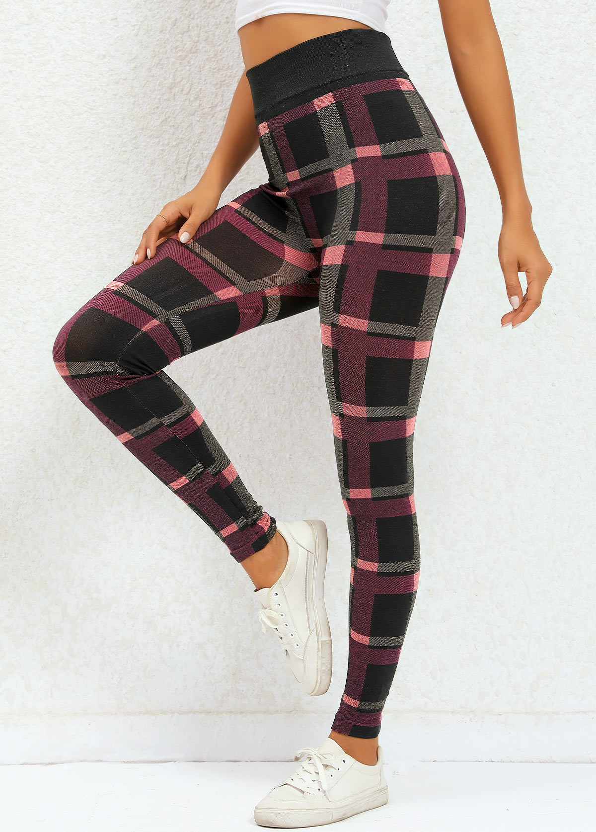 Deep Red bottoms,Plaid bottoms,Plaid Deep Red High Waisted Elastic Waist Leggings