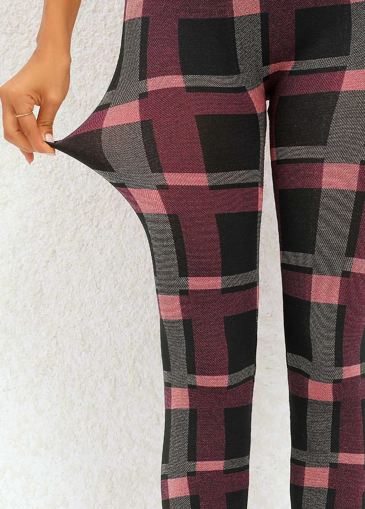 Deep Red bottoms,Plaid bottoms,Plaid Deep Red High Waisted Elastic Waist Leggings