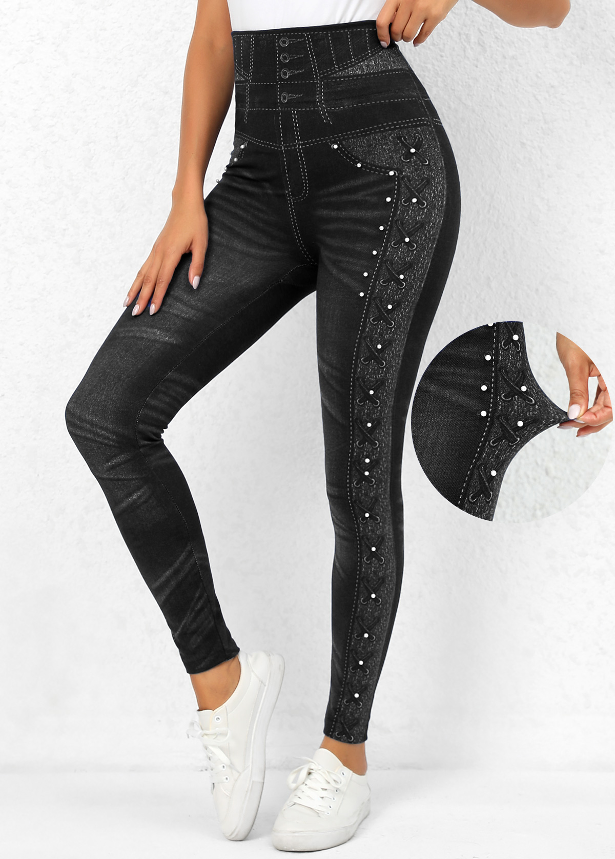 Black bottoms,Other bottoms,Beaded High Waisted Black Ankle Length Leggings