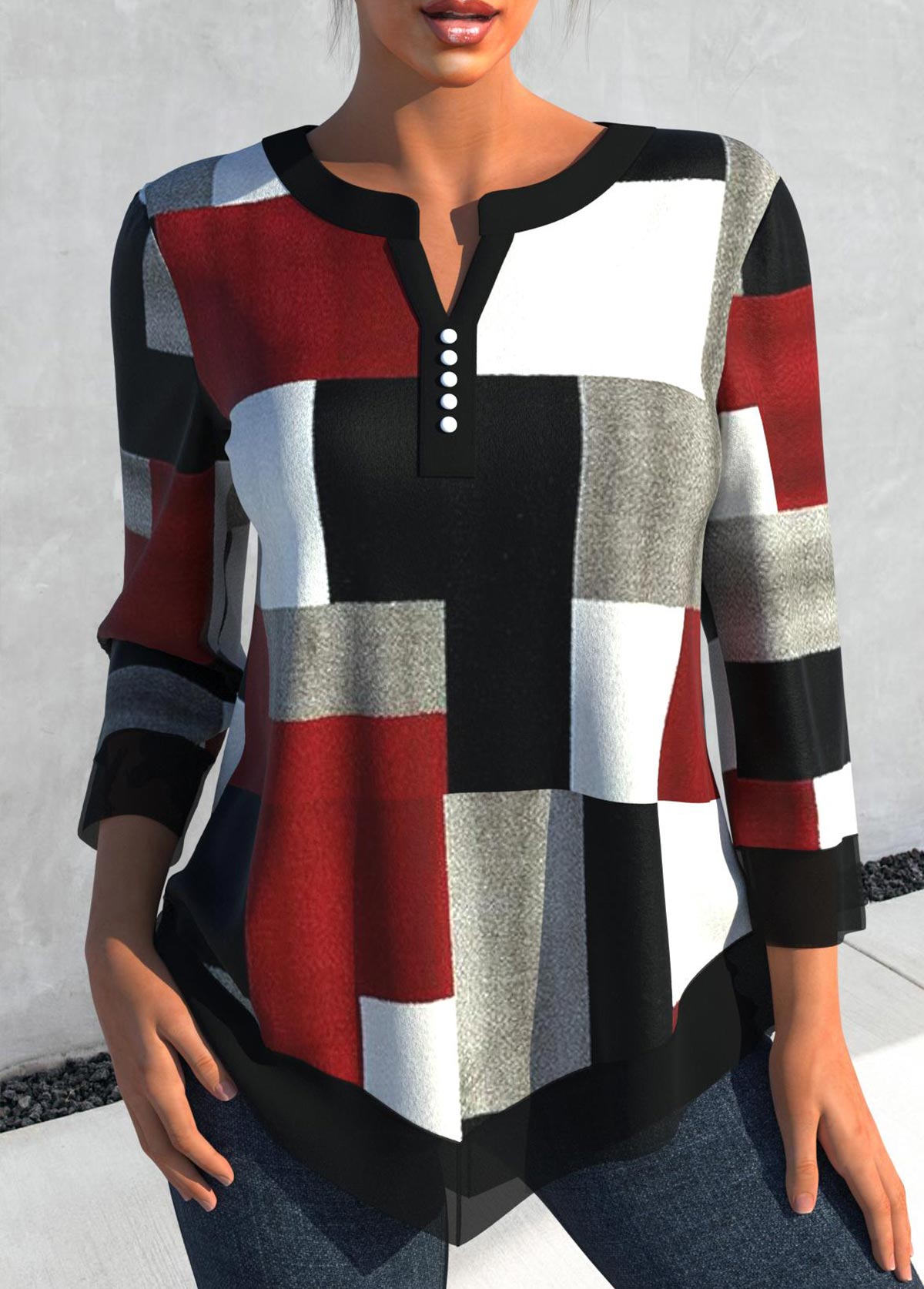 ROTITA Asymmetry Geometric Print Black Split Neck Blouse
