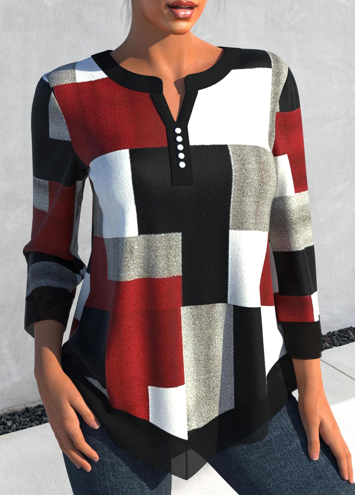 Black tops,Geometric tops,ROTITA Asymmetry Geometric Print Black Split Neck Blouse