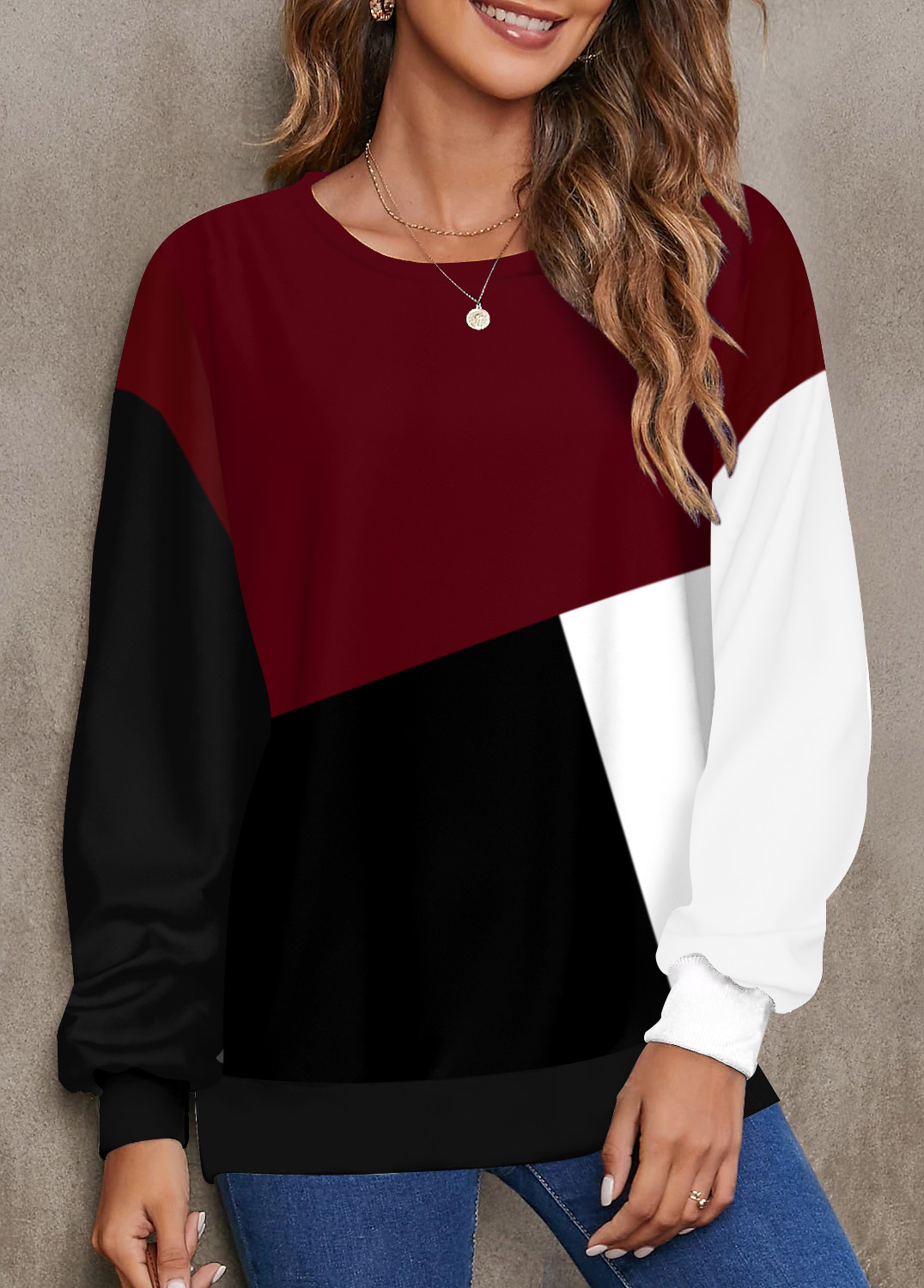 Deep Red tops,Contrast Color tops,ROTITA Geometric Print Red Round Neck Long Sleeve Sweatshirt