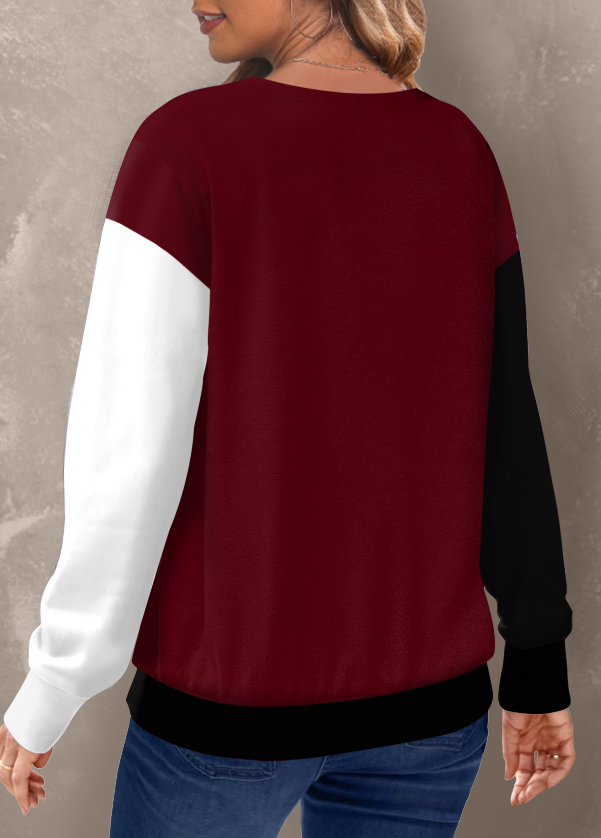 Deep Red tops,Contrast Color tops,ROTITA Geometric Print Red Round Neck Long Sleeve Sweatshirt