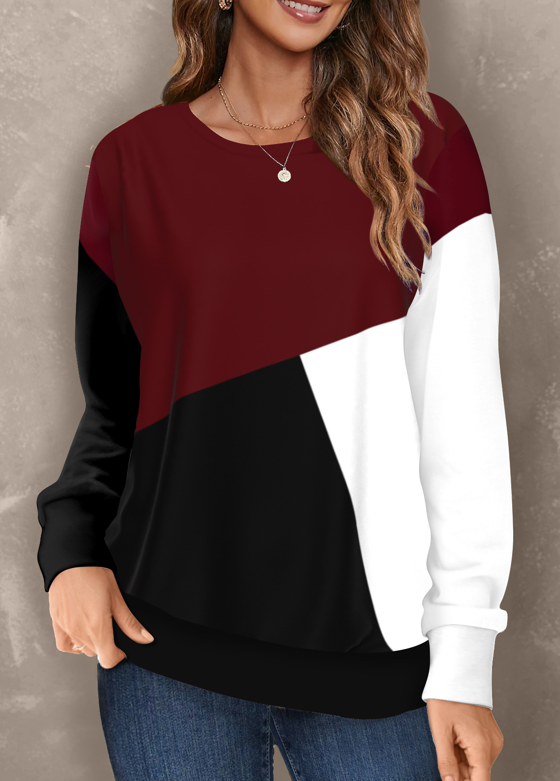 Deep Red tops,Contrast Color tops,ROTITA Geometric Print Red Round Neck Long Sleeve Sweatshirt