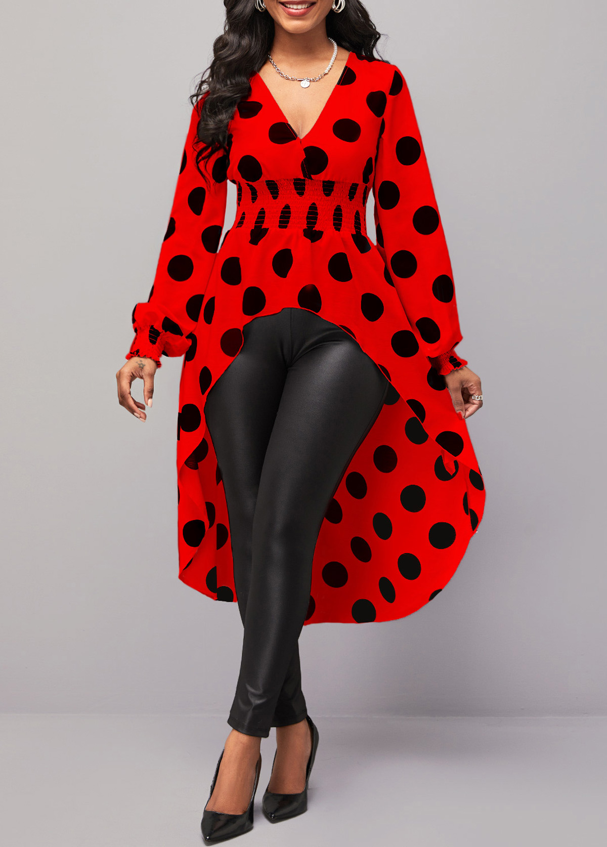 Red tops,Dot tops,ROTITA Polka Dot Red V Neck Long Sleeve Blouse