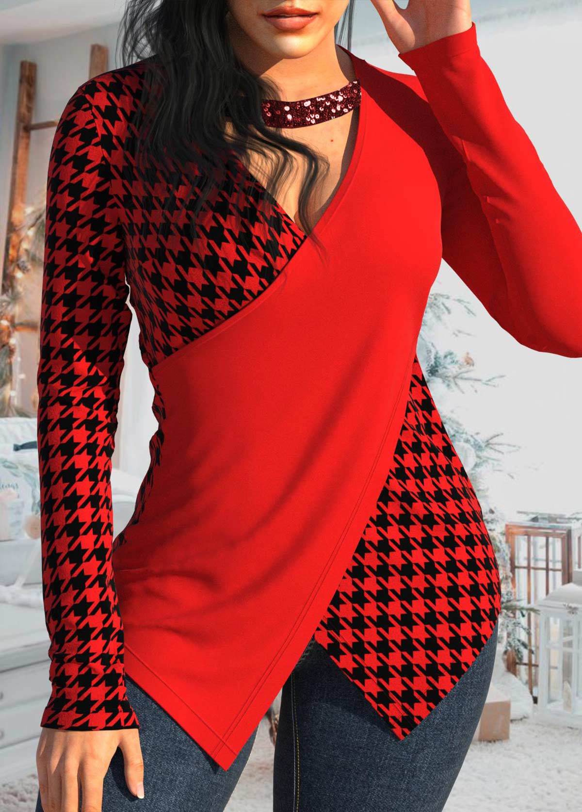 Red tops,Houndstooth tops,ROTITA Patchwork Houndstooth Print Red V Neck T Shirt