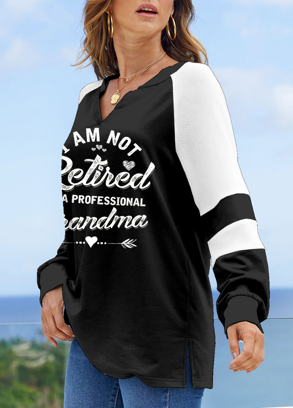Black tops,Letter tops,Heart tops,ROTITA Letter Print Black V Neck Long Sleeve Sweatshirt