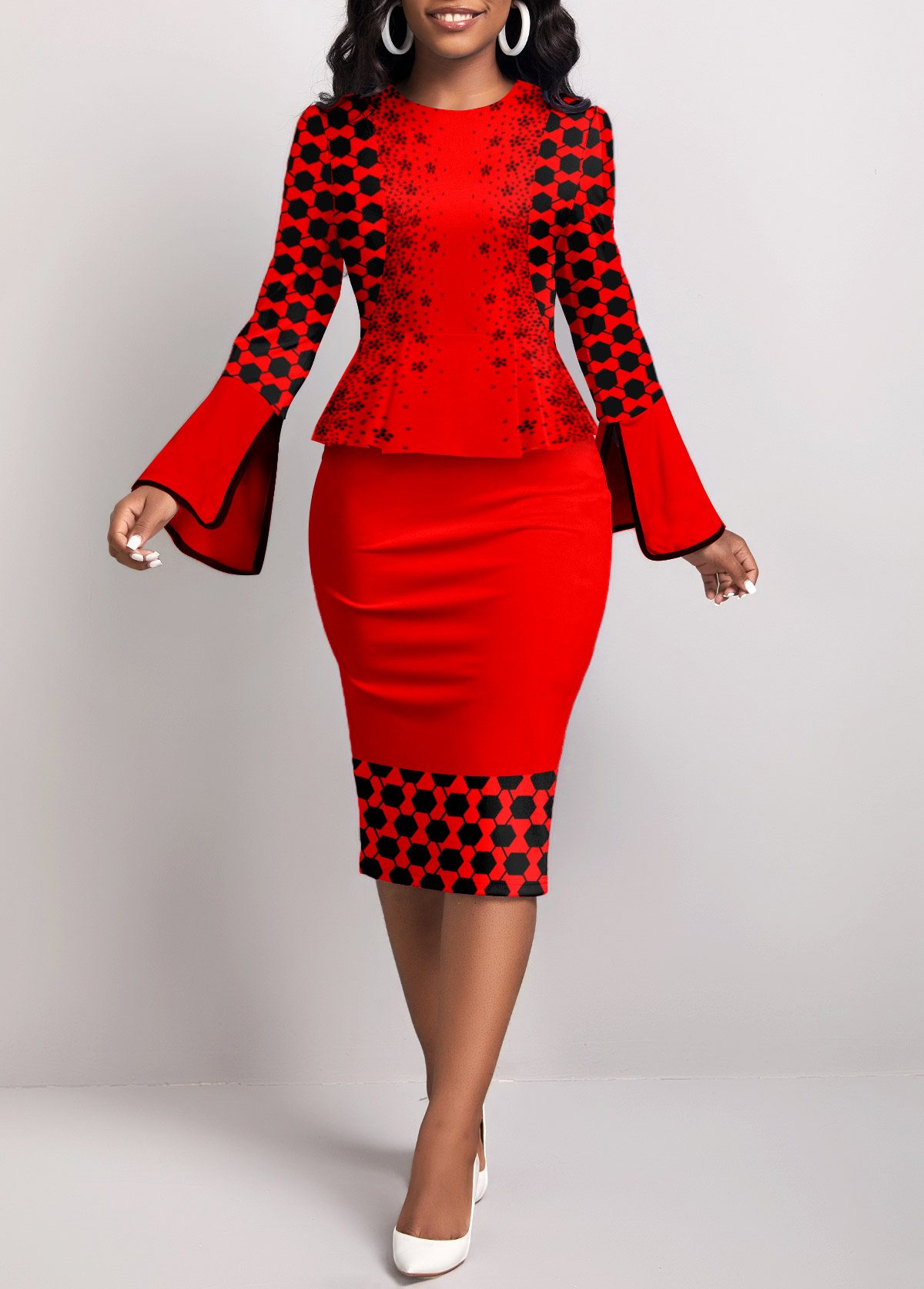 ROTITA Fake 2in1 Geometric Print Red Bodycon Dress