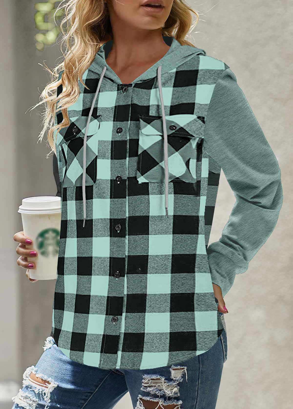 Mint Green tops,Plaid tops,Geometric tops,ROTITA Pocket Plaid Mint Green Long Sleeve Hoodie