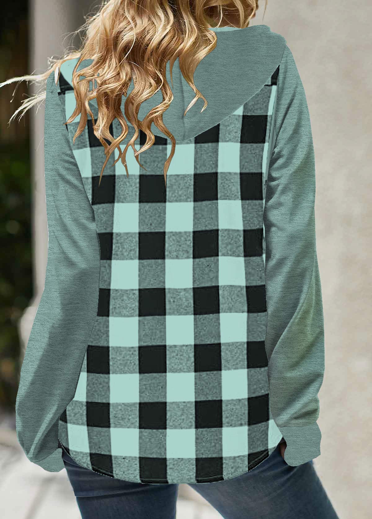 Mint Green tops,Plaid tops,Geometric tops,ROTITA Pocket Plaid Mint Green Long Sleeve Hoodie