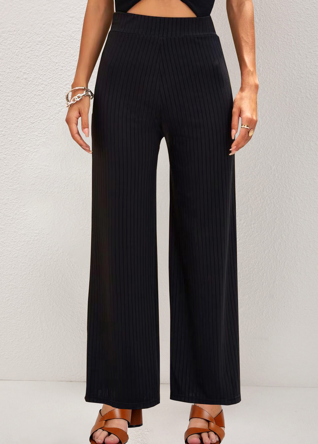 Black bottoms,Plain Color bottoms,Black Straight Leg Elastic High Waisted Pants