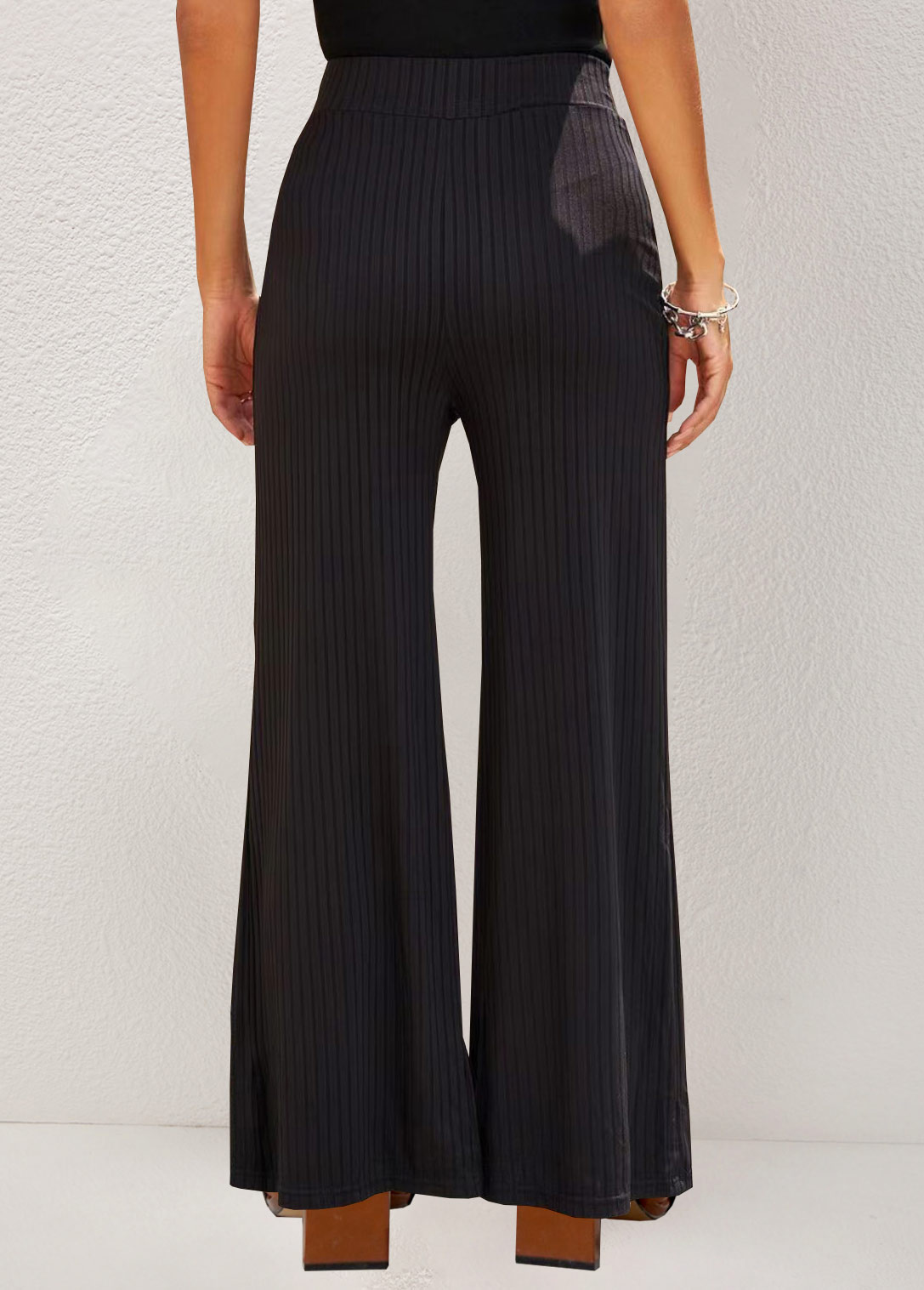 Black bottoms,Plain Color bottoms,Black Straight Leg Elastic High Waisted Pants