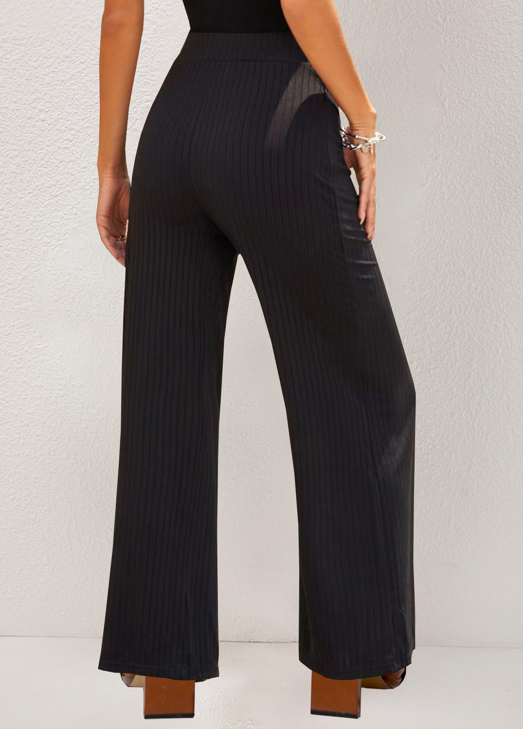 Black bottoms,Plain Color bottoms,Black Straight Leg Elastic High Waisted Pants