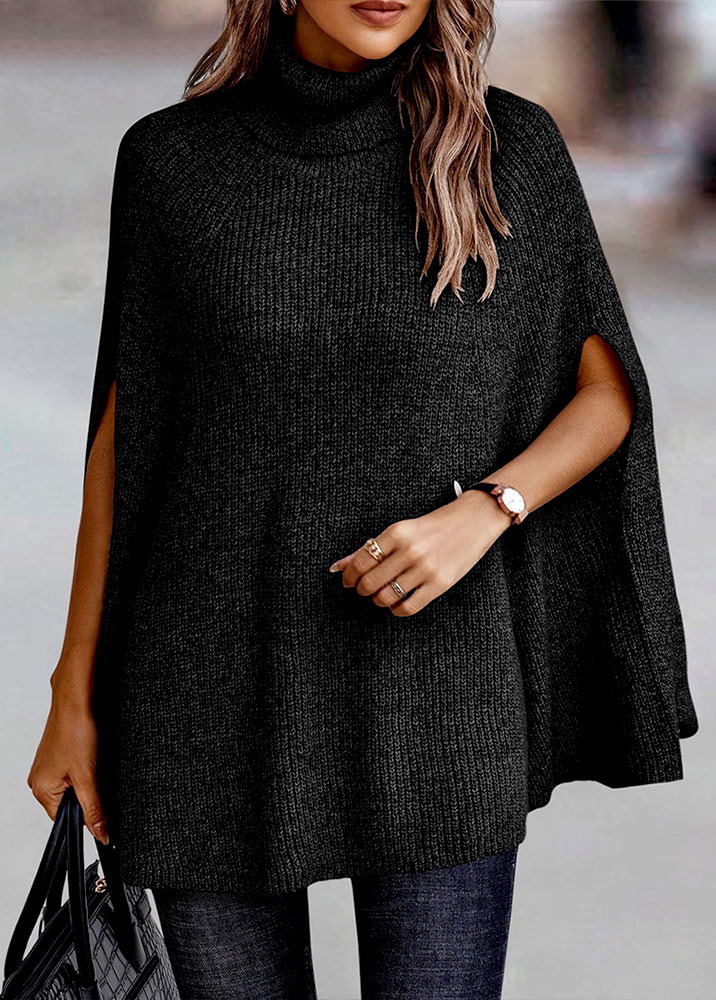 Black tops,Plain Color tops,Split Black Turtleneck Short Sleeve Sweater